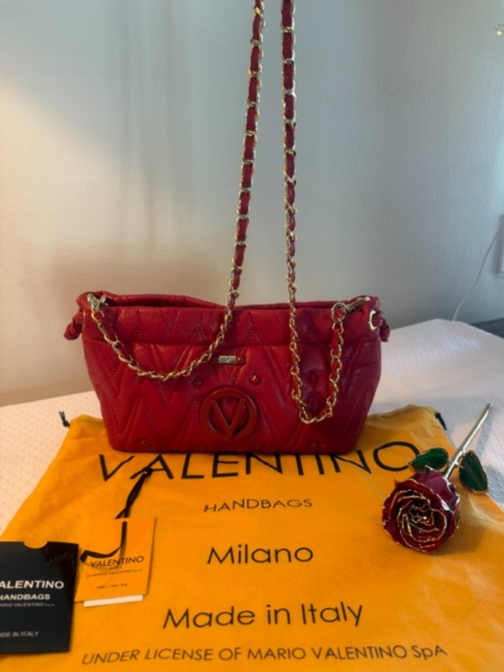 Authentic Valentino by Mario Valentino Red Quilted Leather Chain Shoulder Bag